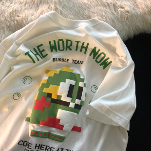 胖MM夏季 情侣装 加大240斤 宽松t恤男女半袖 日系像素风小恐龙特大码