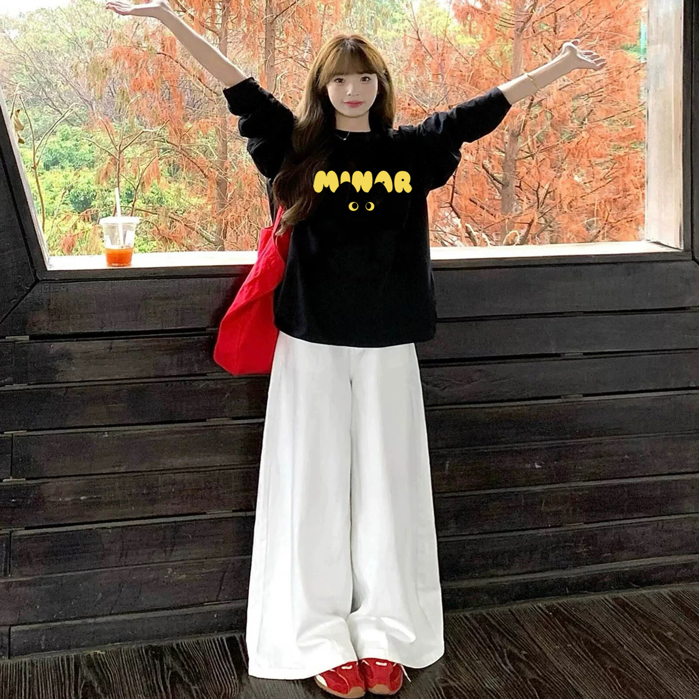 美式复古猫咪长袖T恤女宽松大码