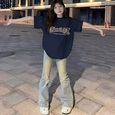 遮黑显白藏蓝圆领纯棉短袖t恤女