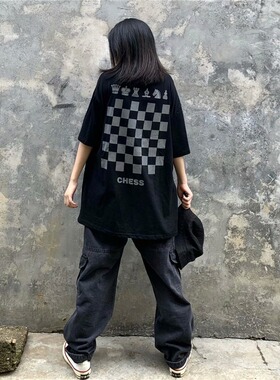 美式格子棋盘印花短袖夏季胖mm240斤t恤女百搭宽松学生上衣情侣装