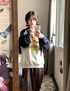 拼色插肩袖大码纯棉圆领卫衣女套头美式汉堡秋冬季宽松复古学生潮