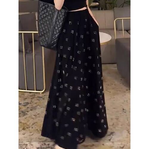 烫钻印花黑长裙女轻奢A字半身裙