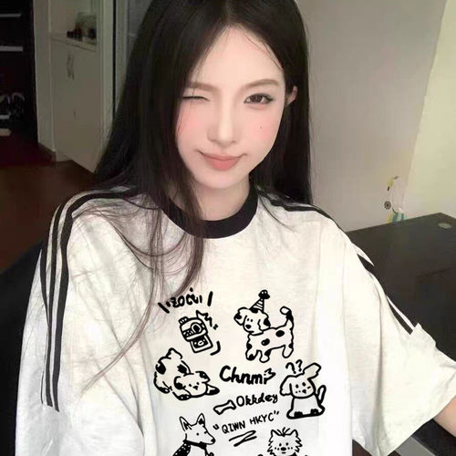 美式潮牌三条杠T恤女夏季重磅ins