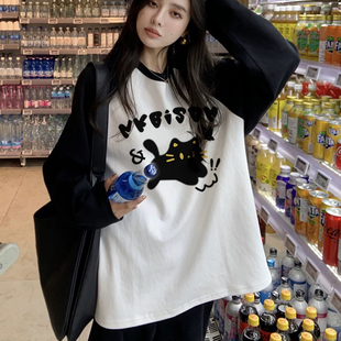 猫咪设计感慵懒上衣 t恤女插肩打底衫 胖MM特大码 300斤拼接纯棉长袖