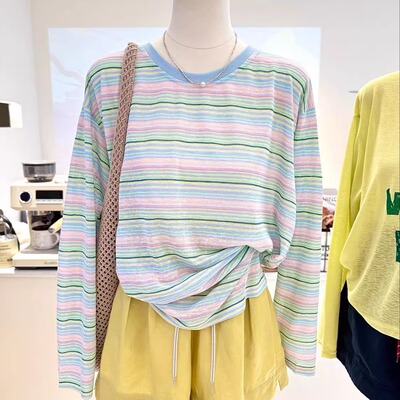 韩系夏季新款特大码女彩虹条纹潮