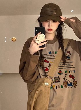 美拉德潮牌秋冬kitty猫特大码240斤胖MM插肩长袖T恤女撞色ins上衣