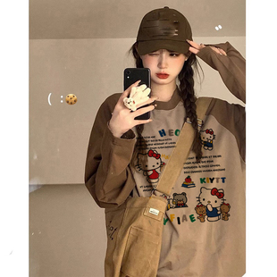 美拉德潮牌秋冬kitty猫特大码 T恤女撞色ins上衣 240斤胖MM插肩长袖