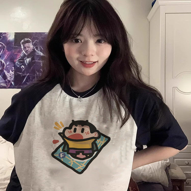 美式拼色蜡笔小新插肩T恤女纯棉夏季大码胖MM遮肉纯棉撞色ins上衣,女装/女士精品,T恤,淘宝优惠券,粉丝福利购,淘宝优惠卷