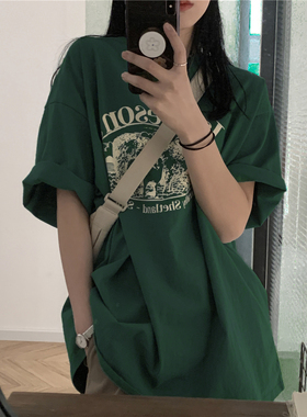 纯棉复古墨绿色t恤女大码胖MM正肩上衣小个子遮肉夏季半袖ins韩版