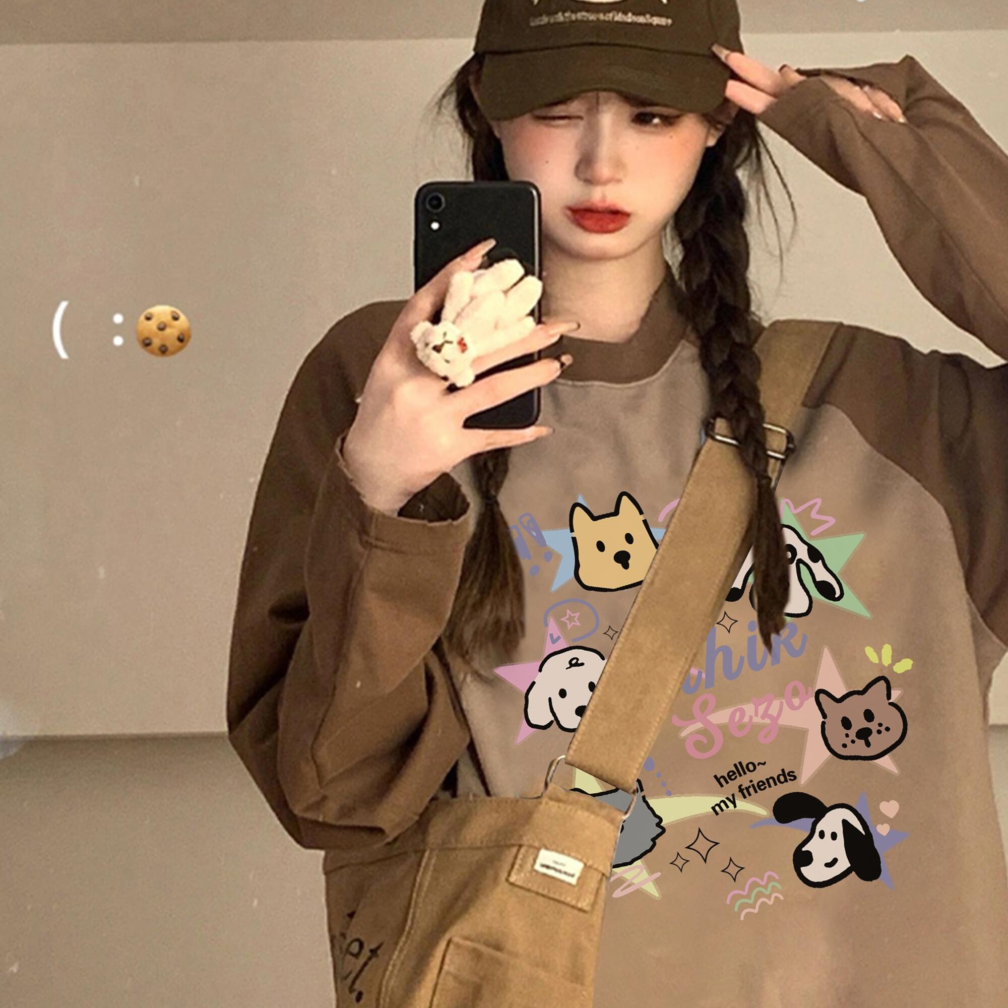 长袖复古重磅T恤oversize纯棉女