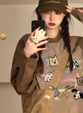 秋冬纯棉大码美拉德正肩长袖T恤女胖MM宽松遮肉圆领拼色上衣ins潮