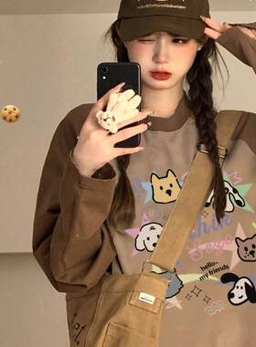 长袖复古重磅T恤oversize纯棉女