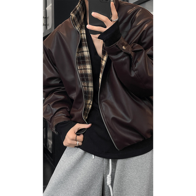 龙叨叨冬季新款潮流美式复古格纹百搭立领机车皮衣夹克保暖羽绒服