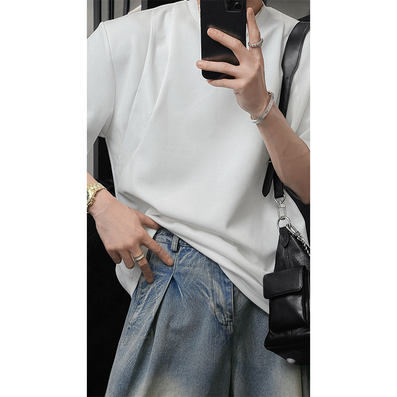 龙叨叨夏季新品原创设计款拼接短袖T恤男宽松简约休闲百搭上衣潮