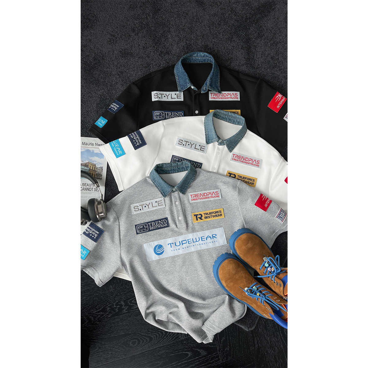 龙叨叨2026夏季新品美式潮牌牛仔领撞色刺绣贴布宽松短袖POLO衫男