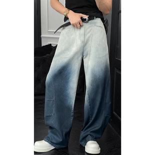男宽松街头设计感长裤 复古渐变水洗弯刀牛仔裤 美式 龙叨叨春夏新款