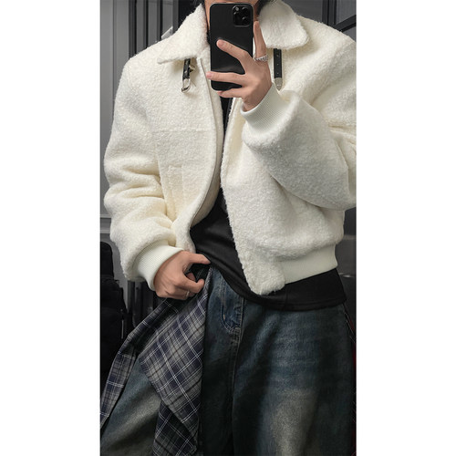 龙叨叨秋冬新品美式复古纯色廓形毛呢翻领拉链夹克宽松休闲外套