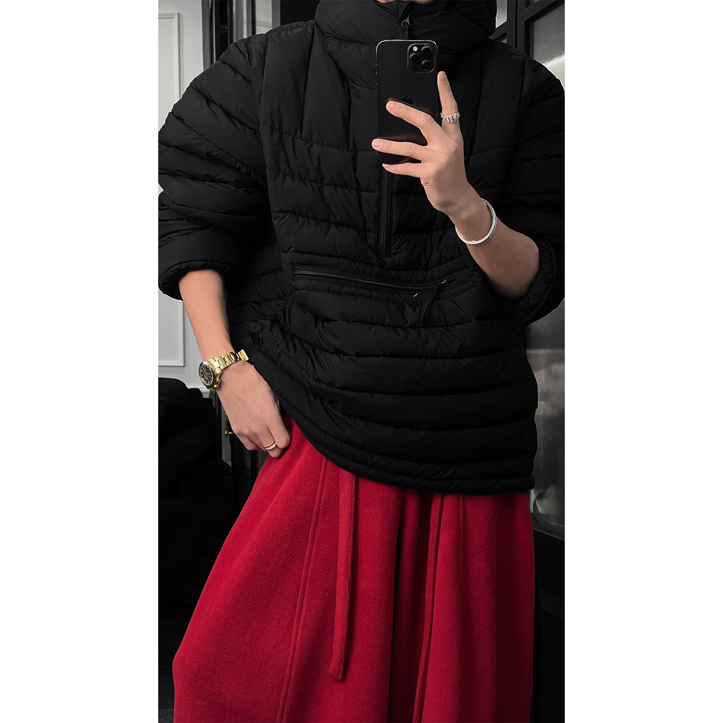 龙叨叨冬季新品简约韩系连帽半拉链棉服男女宽松加厚保暖情侣棉衣