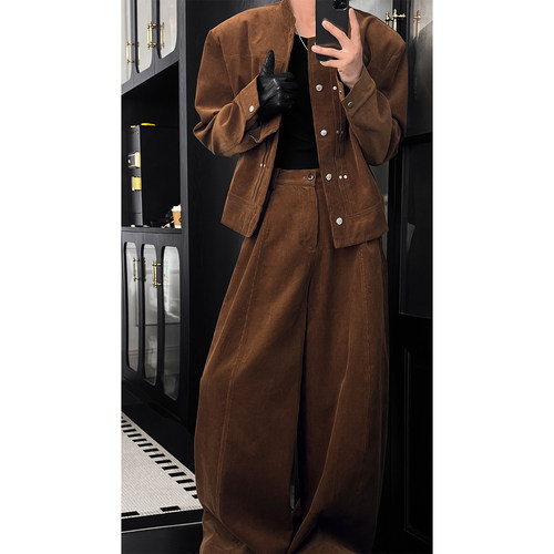 龙叨叨秋季新品美式复古立领夹克男套装潮牌宽松休闲男士外套长裤