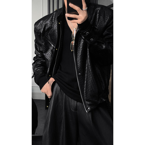 龙叨叨秋季新品美式复古设计款休闲皮衣外套潮流宽松机车夹克男