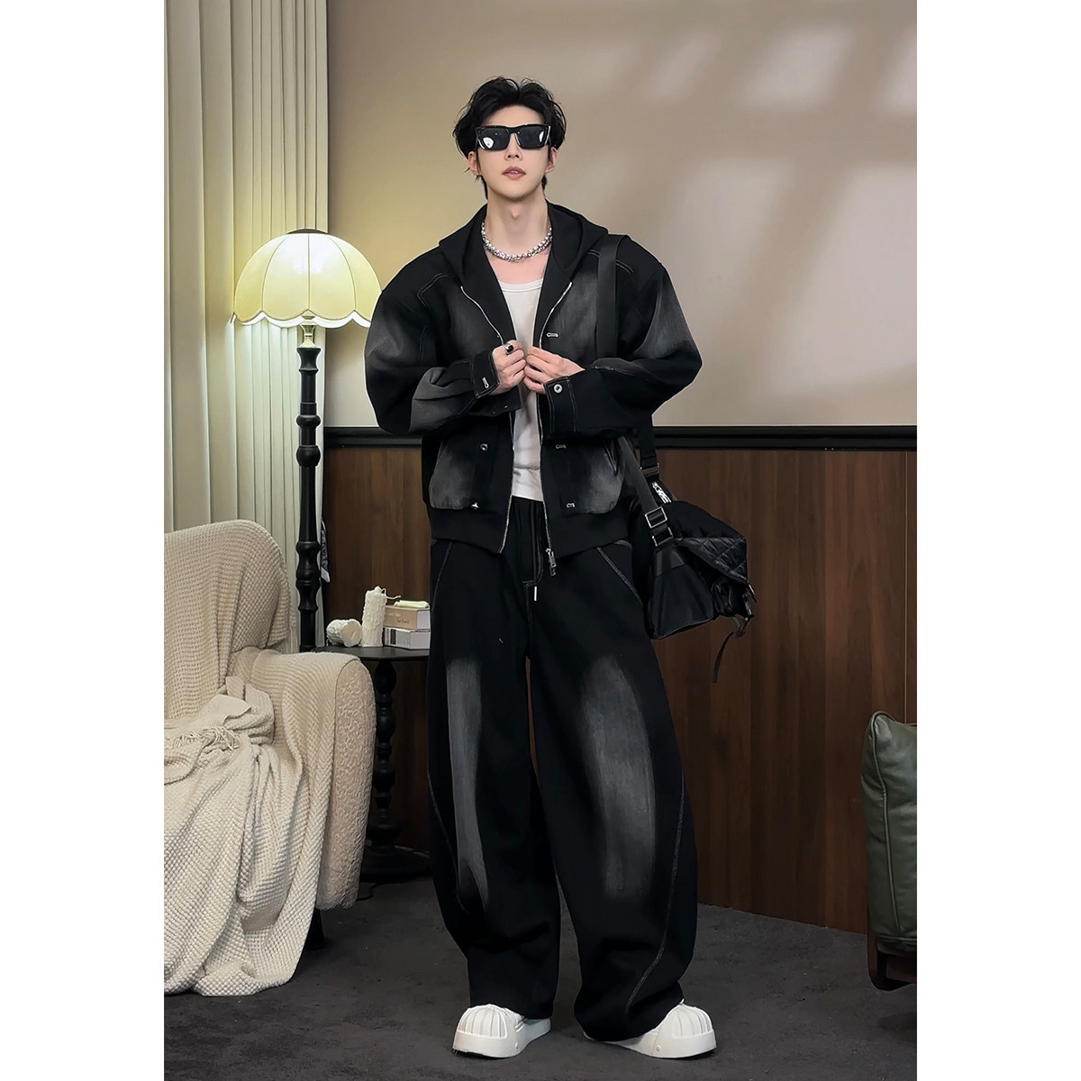 龙叨叨春季新品潮流美式复古拼接连帽卫衣百搭宽松牛仔长裤套装