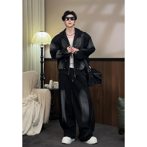 龙叨叨春季新品潮流美式复古拼接连帽卫衣百搭宽松牛仔长裤套装