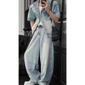 新款 牛仔夹克弯刀裤 潮流美式 龙叨叨夏季 复古工装 立领百搭短袖 套装