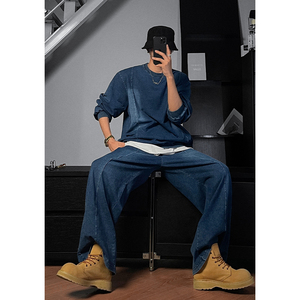 龙叨叨秋季新款复古简约宽松休闲卫衣套装重磅水洗牛仔上衣长裤男