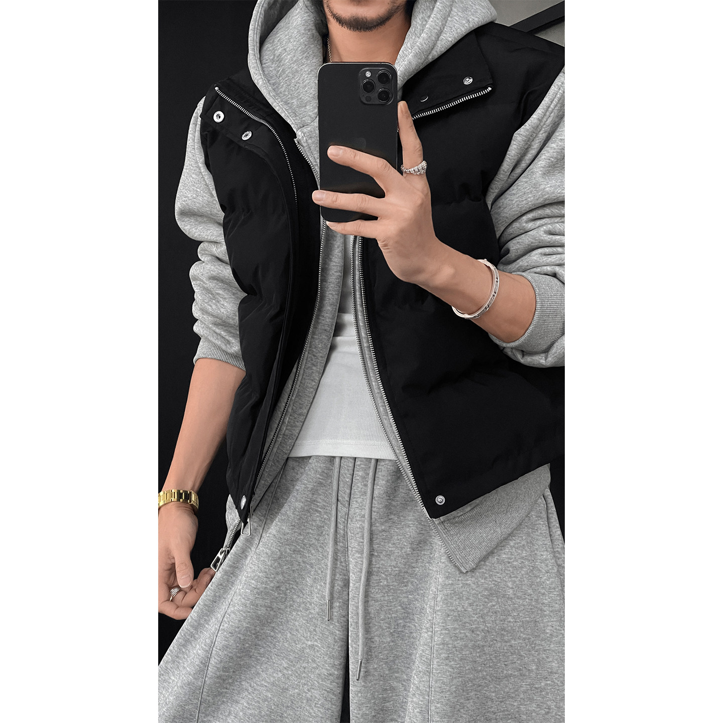 龙叨叨秋冬新品假两件设计款连帽马甲卫衣套装男宽松百搭外套长裤