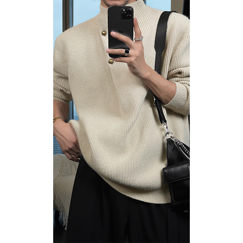 复古高领纽扣设计感毛衣
