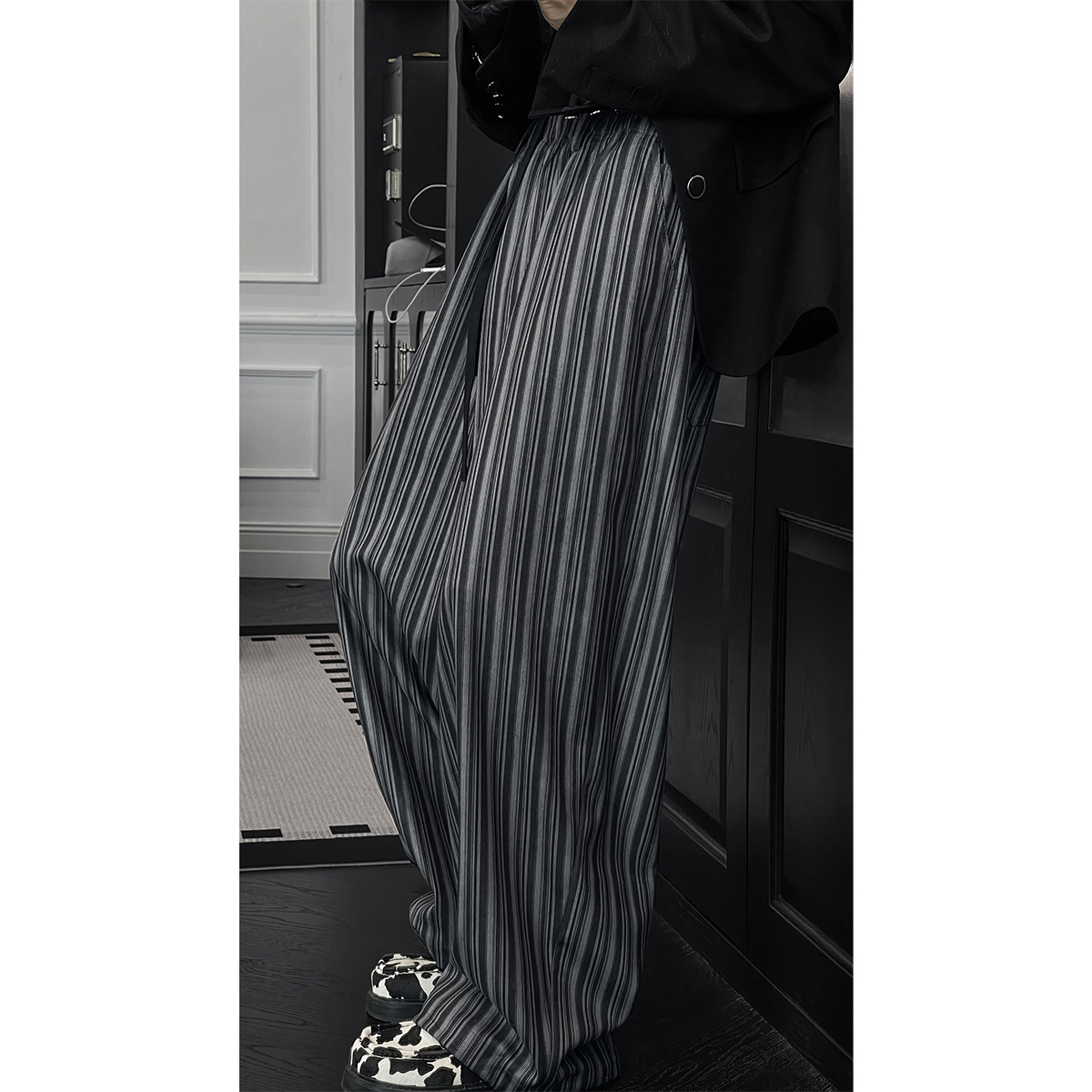 龙叨叨秋季新品复古条纹设计感宽松直筒休闲裤男日系百搭阔腿长裤