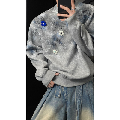 龙叨叨秋季新品美式潮牌小众设计款卫衣男oversize宽松花朵上衣