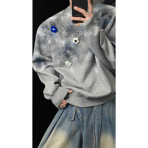 龙叨叨秋季新品美式潮牌小众设计款卫衣男oversize宽松花朵上衣