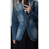 龙叨叨新款 复古设计感百搭无领牛仔夹克外套 潮流美式