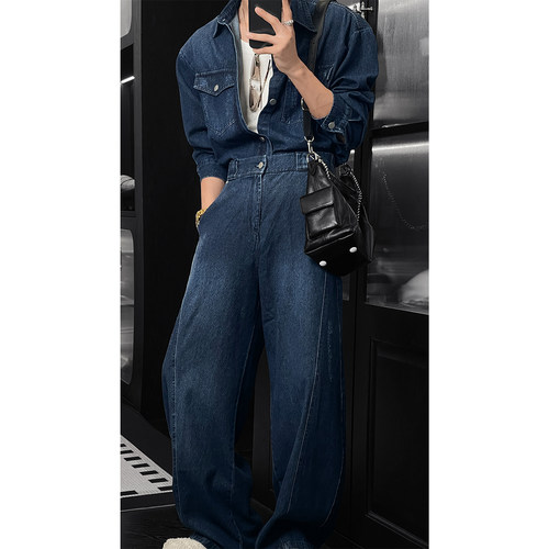 龙叨叨秋季新款潮流复古美式工装牛仔夹克外套宽松百搭长裤套装