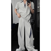 新品 小众设计感撞色双领短袖 T恤套装 龙叨叨夏季 男宽松垂感休闲裤