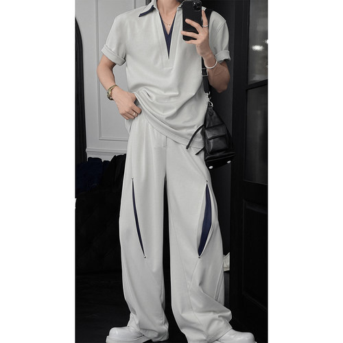 龙叨叨夏季新品小众设计感撞色双领短袖T恤套装男宽松垂感休闲裤