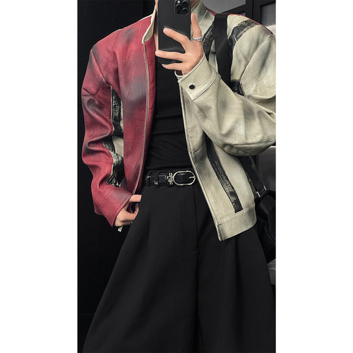 龙叨叨秋季新品美式复古做旧擦脏皮质撞色机车夹克廓形皮衣外套男