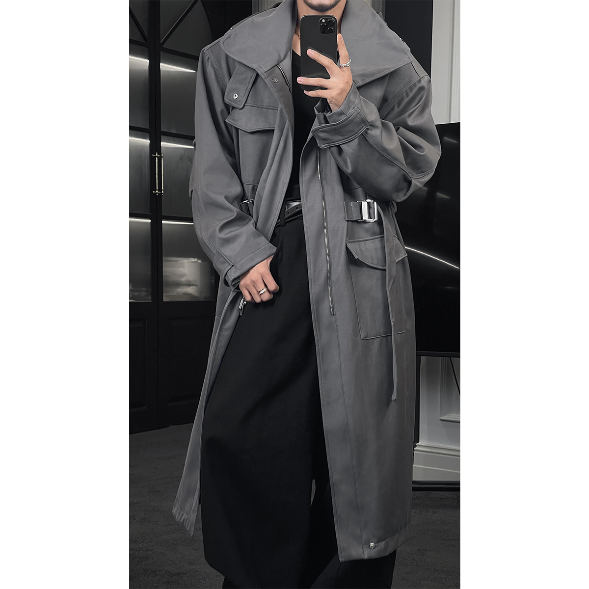 龙叨叨秋季新款潮流复古通勤风猎装高级感百搭长款宽领风衣外套