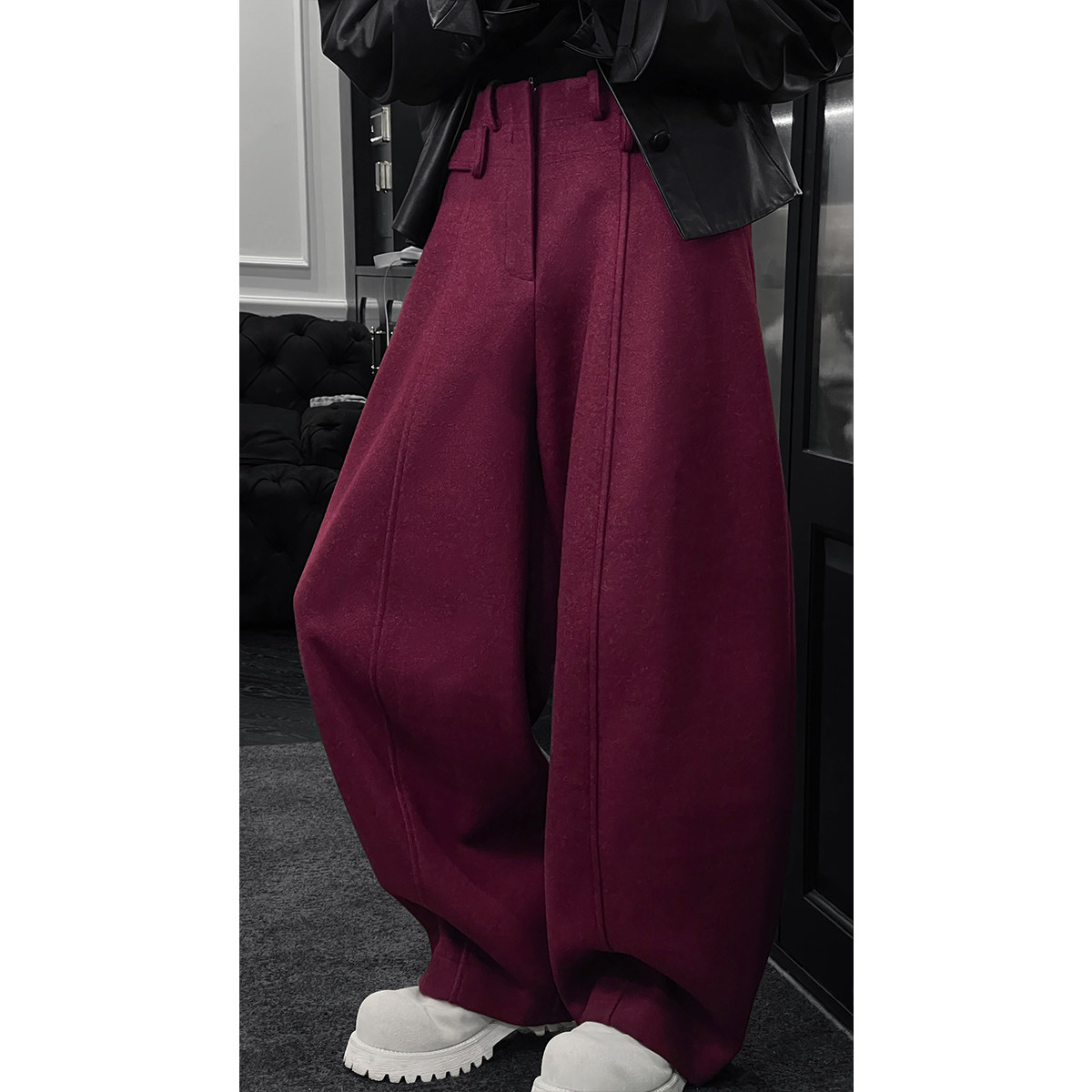 龙叨叨冬季新品纯色高级感复古呢料厚款百搭宽松阔腿垂感弯刀长裤,男装,休闲裤,淘宝优惠券,粉丝福利购,淘宝优惠卷