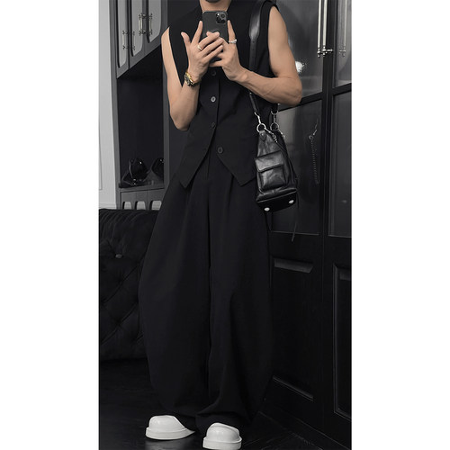 龙叨叨夏季新款潮流复古高级感亚麻V领无袖马甲宽松弯刀长裤套装