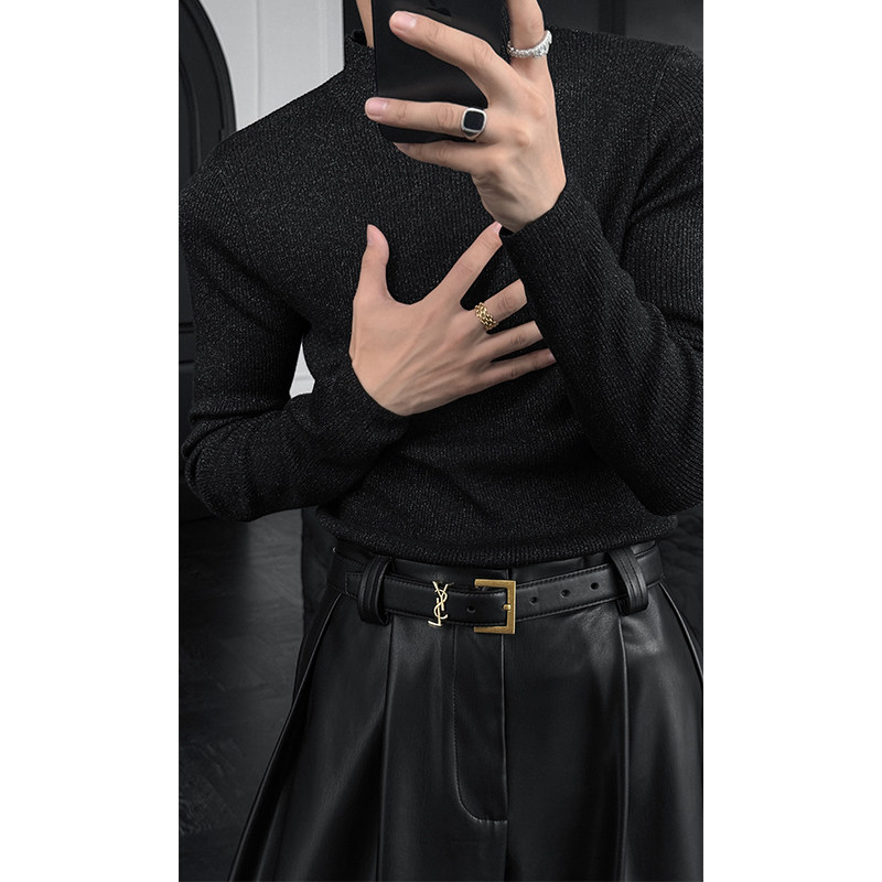 竖纹简约高级感中领长袖打底T恤