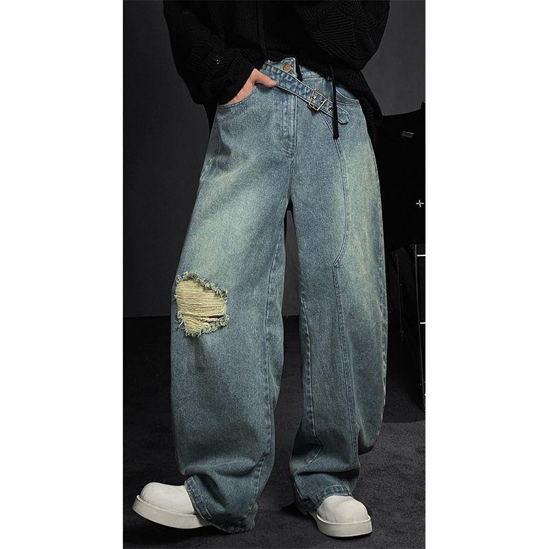 龙叨叨拉链长裤水洗破洞