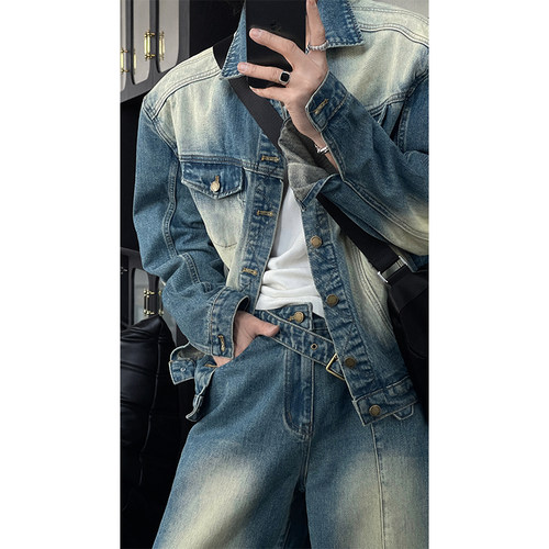 龙叨叨25春季新品小众复古高街牛仔套装痞帅休闲夹克外套男牛仔裤