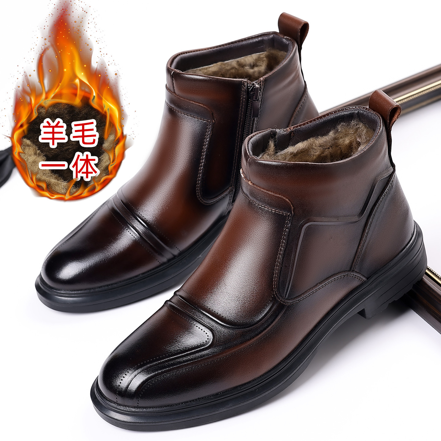 冬季新款羊毛保暖商务正装棉鞋男士真皮尖头切尔西靴男款高帮皮鞋