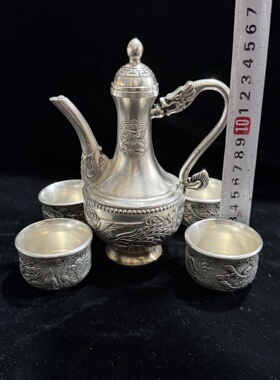 古玩收藏老银龙凤呈祥银酒壶精工打造老铜壶居家茶水壶五件套发货