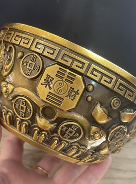 聚宝盆摆件全铜五福莲花盆家居门店办公室大号加厚元宝存钱聚宝盆