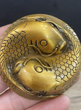 古玩铜器收藏纯铜鎏金双鱼茶宠茶玩摆件茶道小摆件
