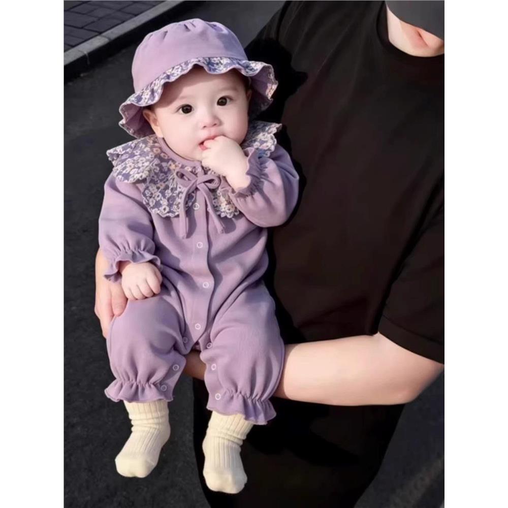 婴儿连体衣春秋套装宝宝贝壳领哈衣爬服新生儿衣服网红超萌带帽子