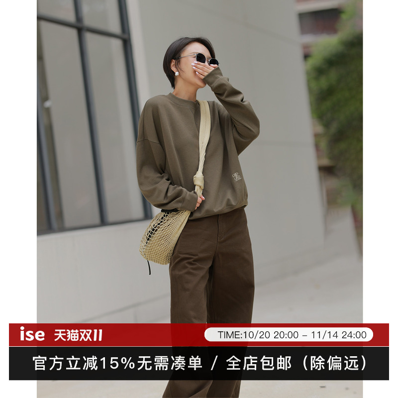 ise“线上专供”深军绿色logo刺绣宽松微廓形圆领卫衣D2531007